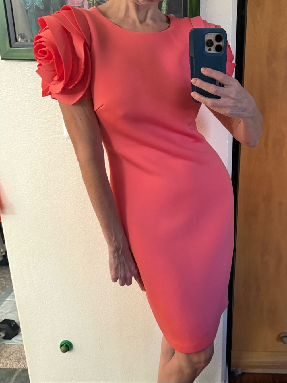Badgley Mischka Coral Sheath Dress with Rosette Sleeves